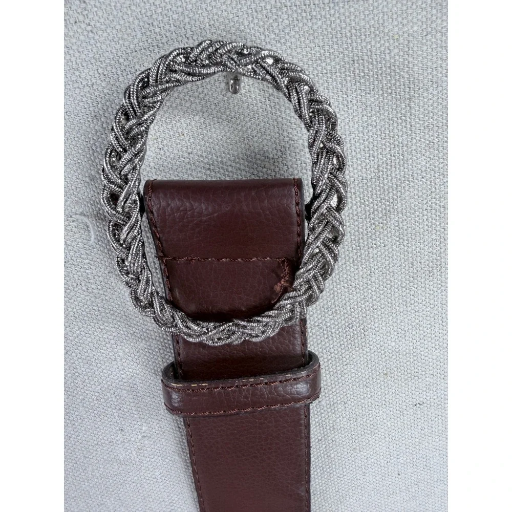 Liz Claiborne Brown Faux Leather Belt Braided Silver Buckle M Brown Boho Classic